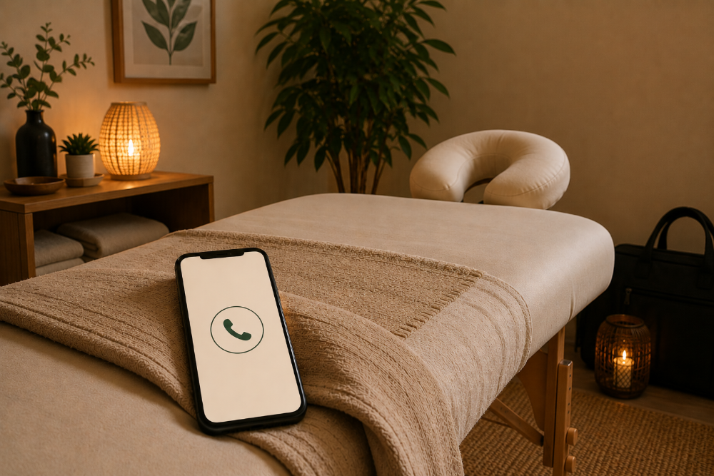 A smartphone resting on a draped massage table in a warm, candle-lit treatment room, showing Balance & Bloom Wellness's booking phone number